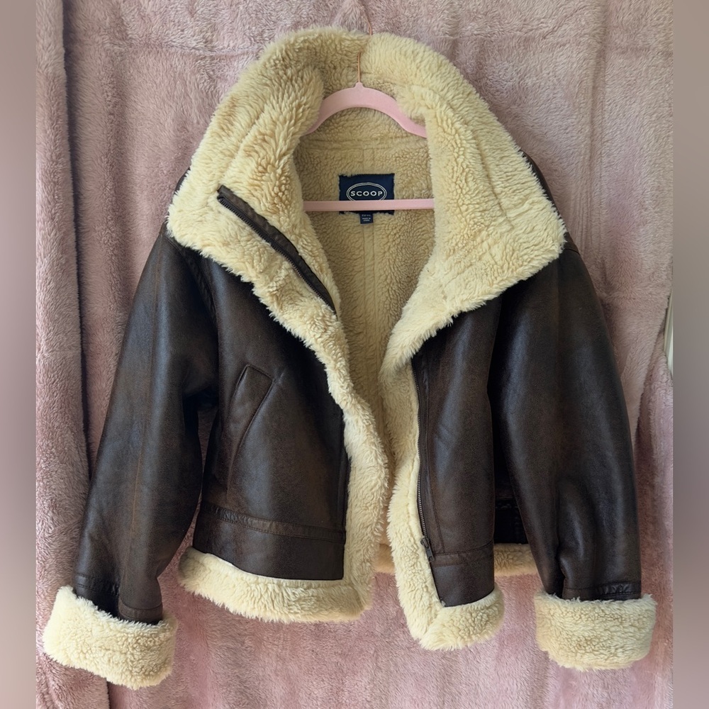 ✨ Brown Sherpa Moto Aviator Jacket – Cozy Teddy Lining – Size L